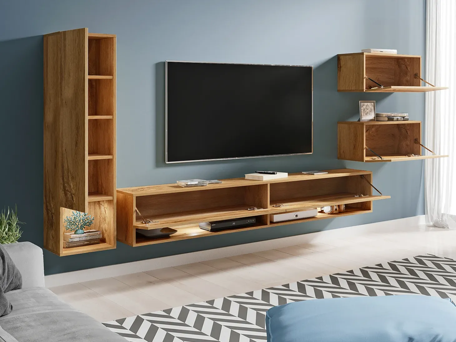 Móvel de sala moderno 4 peças – conjunto TV suspenso 180 cm com coluna e armários, carvalho wotan mate