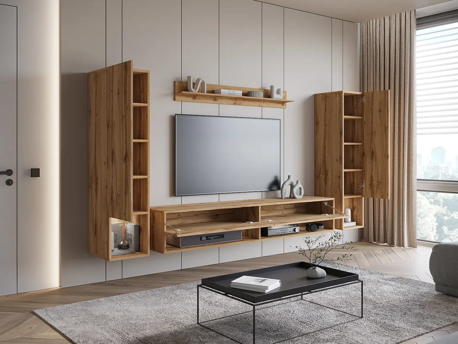 Móvel de sala moderno com LED – conjunto suspenso para sala 2 colunas + móvel de TV 180 cm + prateleira, carvalho wotan