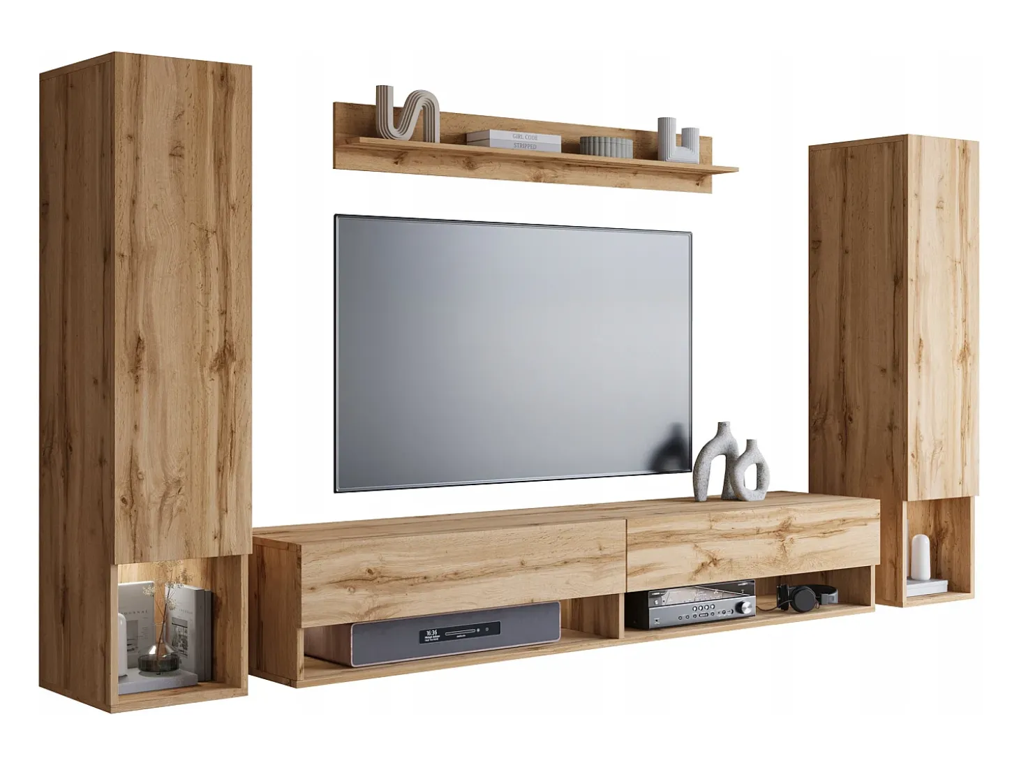 Móvel de sala moderno com LED – conjunto suspenso para sala 2 colunas + móvel de TV 180 cm + prateleira, carvalho wotan