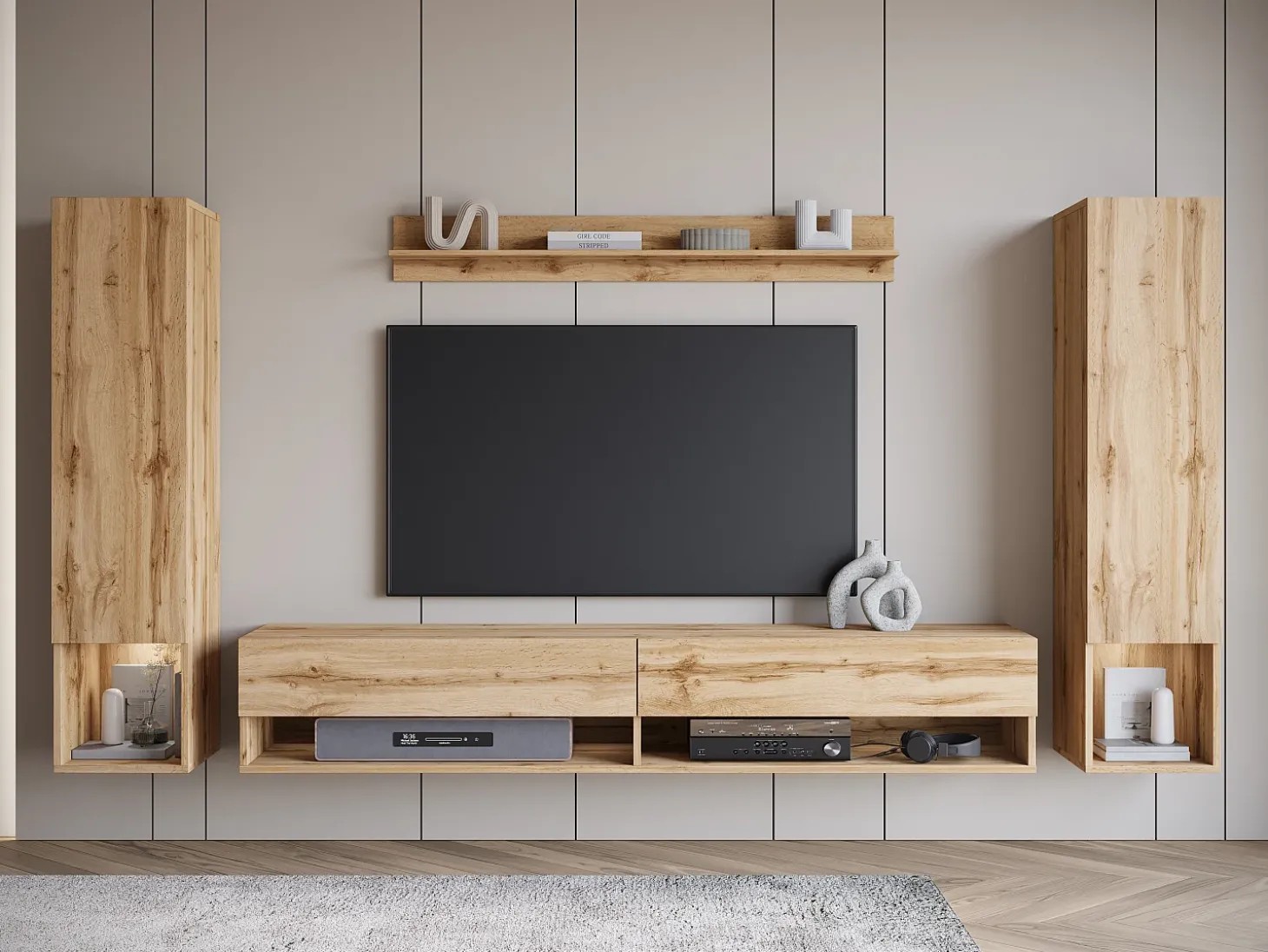Móvel de sala moderno com LED – conjunto suspenso para sala 2 colunas + móvel de TV 180 cm + prateleira, carvalho wotan