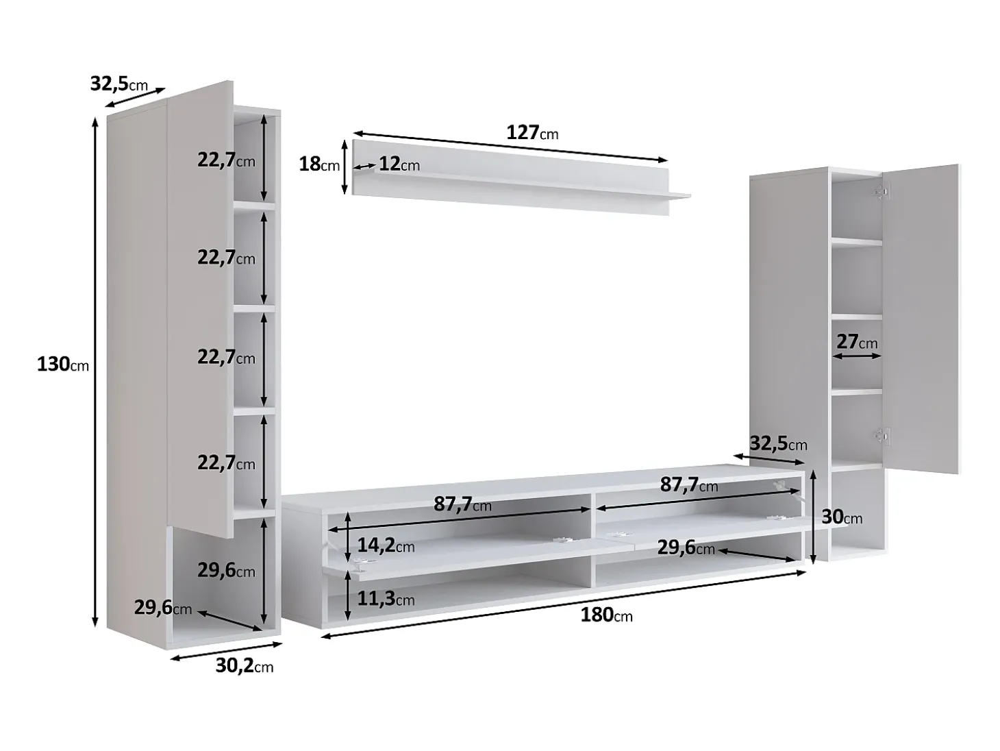 Móvel de sala moderno com LED – conjunto suspenso para sala 2 colunas + móvel de TV 180 cm + prateleira, corpo carvalho wotan, frentes preto brilho