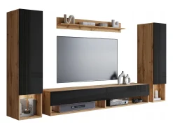 Móvel de sala moderno com LED – conjunto suspenso para sala 2 colunas + móvel de TV 180 cm + prateleira, corpo carvalho wotan, frentes preto brilho