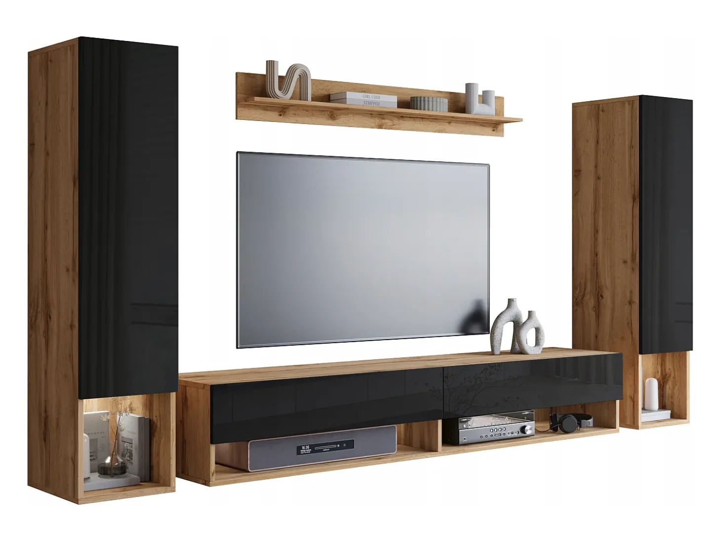 Móvel de sala moderno com LED – conjunto suspenso para sala 2 colunas + móvel de TV 180 cm + prateleira, corpo carvalho wotan, frentes preto brilho