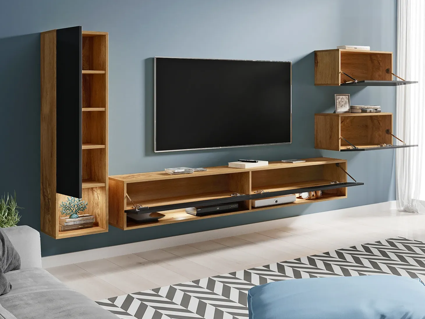 Móvel de sala moderno com LED 4 peças – conjunto suspenso TV 180 cm, coluna, 2 módulos, corpo carvalho Wotan, frentes preto brilho
