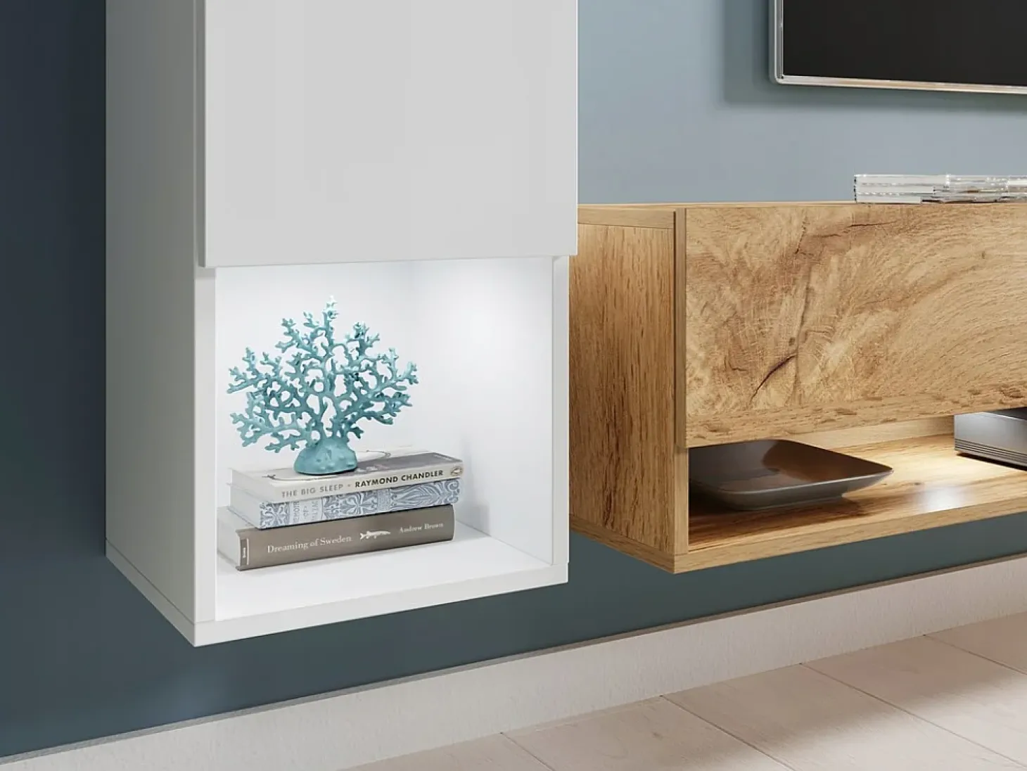 Móvel de sala moderno com LED 4 peças – conjunto suspenso TV 180 cm, coluna, 2 módulos, corpo carvalho Wotan, frentes preto brilho