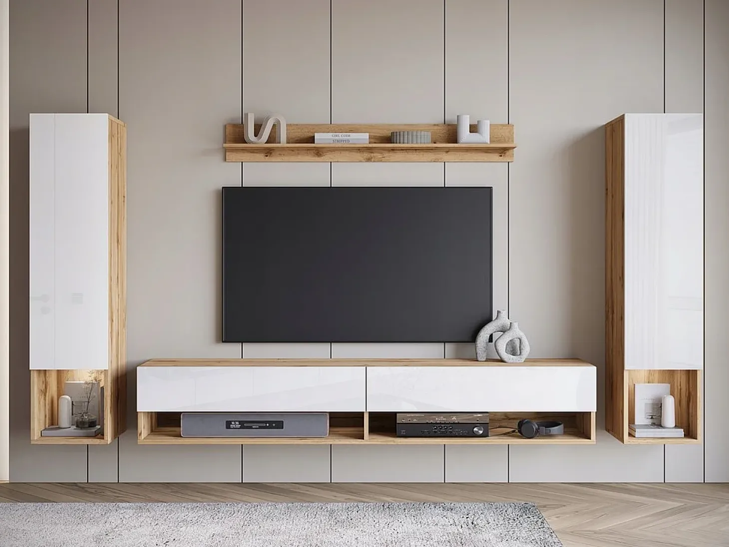 Móvel de sala moderno com LED – conjunto suspenso para sala 2 colunas + móvel de TV 180 cm + prateleira, corpo carvalho wotan, frentes branco brilho