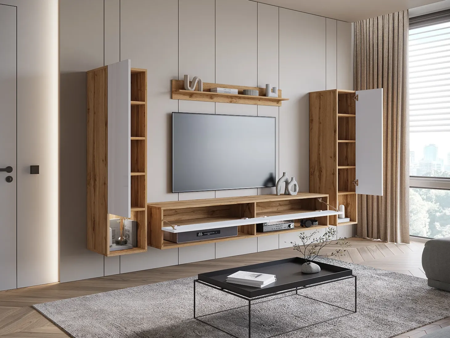 Móvel de sala moderno com LED – conjunto suspenso para sala 2 colunas + móvel de TV 180 cm + prateleira, corpo carvalho wotan, frentes branco brilho