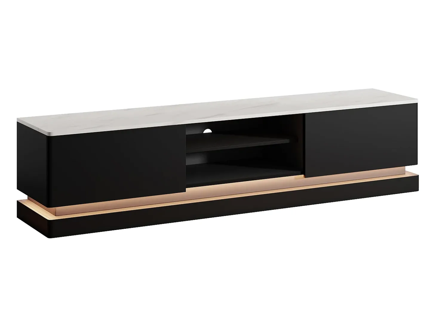 Móvel de TV 2 gavetas e 2 nichos com LEDs em MDF preto e efeito mármore branco DEVIKA de Pascal Morabito