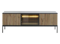 Móvel de TV 3 portas com LEDs em MDF e vidro fumado natural claro e preto OVILA
