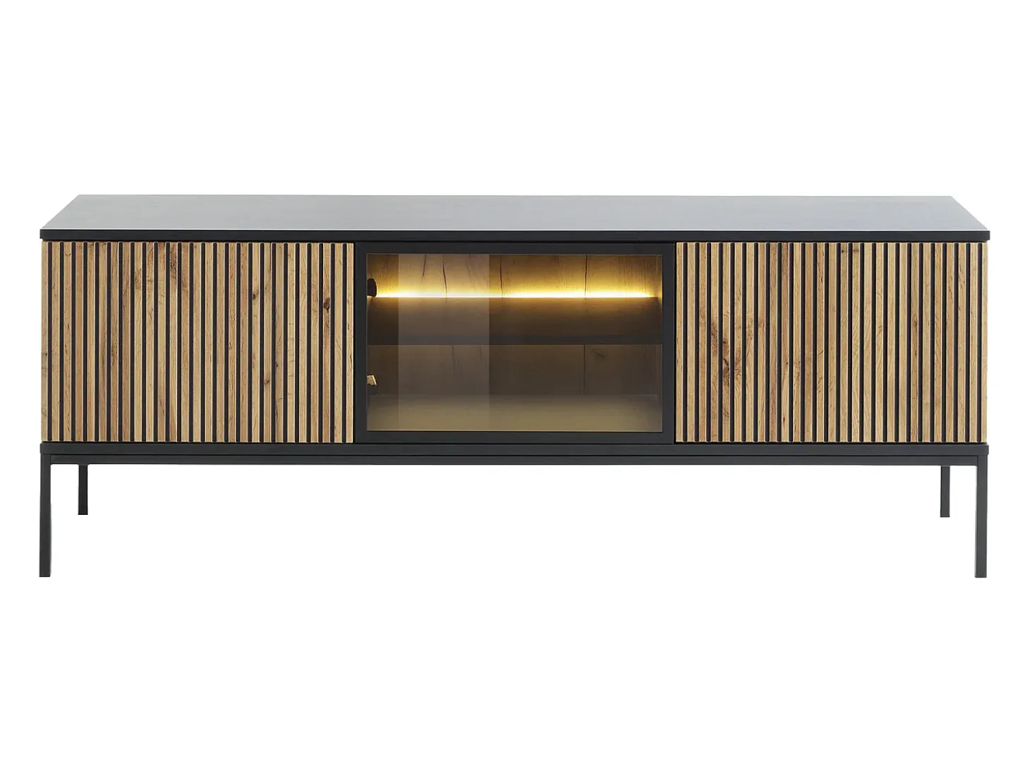 Móvel de TV 3 portas com LEDs em MDF e vidro fumado natural claro e preto OVILA