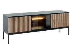 Móvel de TV 3 portas com LEDs em MDF e vidro fumado natural claro e preto OVILA