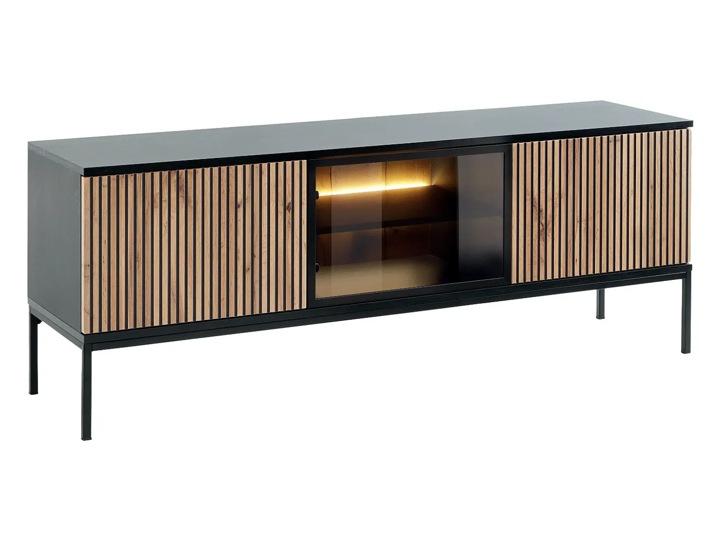 Móvel de TV 3 portas com LEDs em MDF e vidro fumado natural claro e preto OVILA