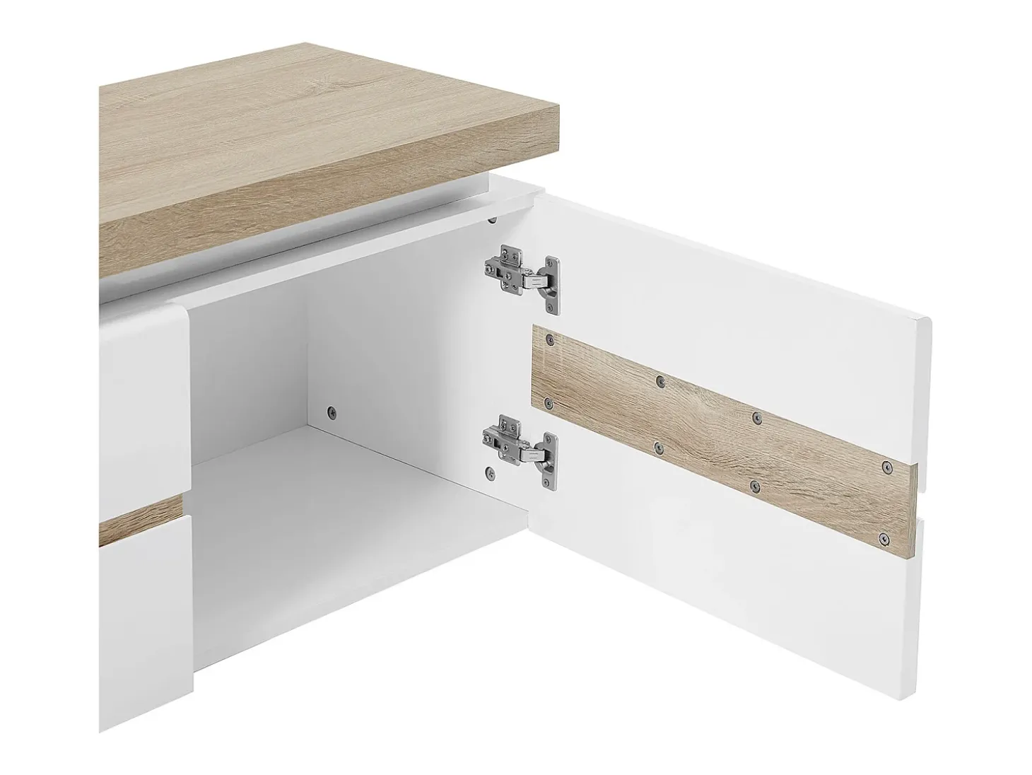 Móvel de TV, 2 portas e 2 nichos com LEDs em MDF lacado a branco e natural VADEMOSA