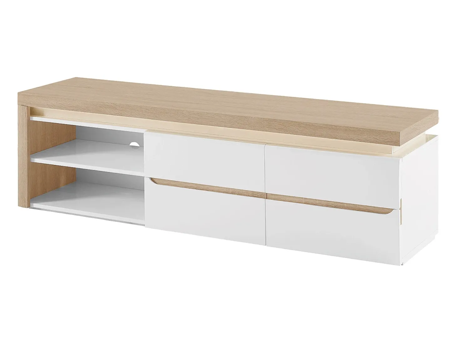 Móvel de TV, 2 portas e 2 nichos com LEDs em MDF lacado a branco e natural VADEMOSA