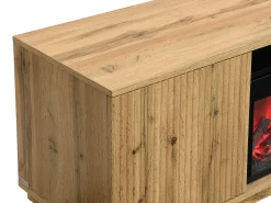 Móvel de TV 2 portas e LEDs efeito lareira em MDF natural e preto - YEVINA