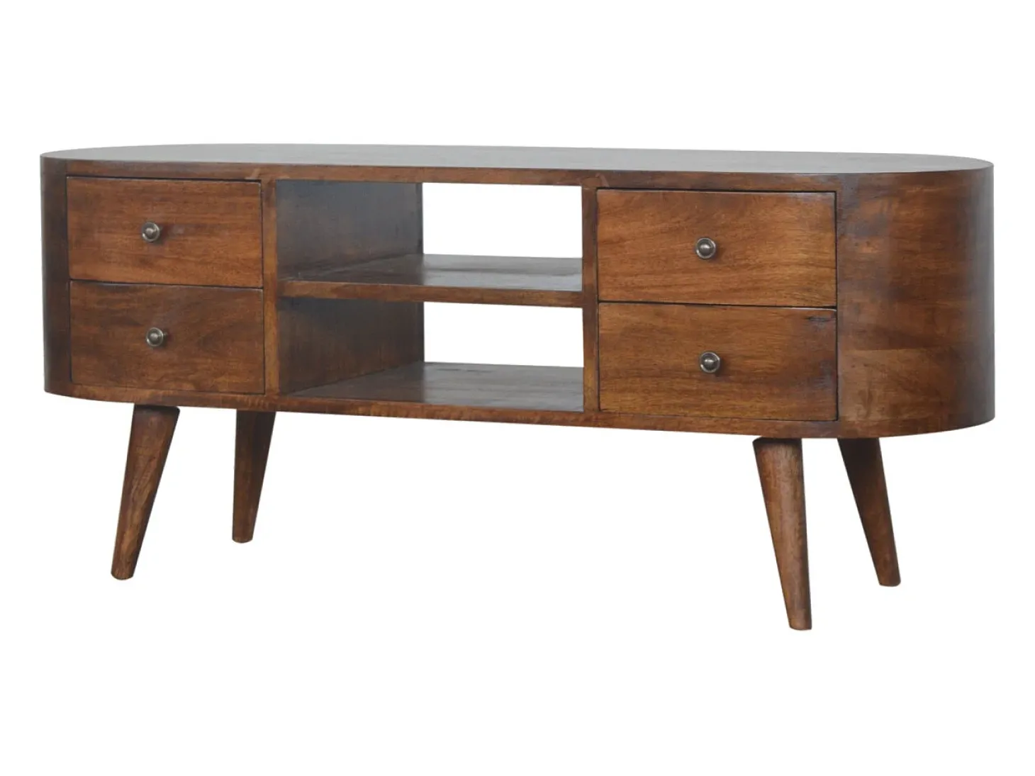 Móvel de TV arredondado em castanho Artisan Furniture, 4 gavetas, 2 prateleiras, castanho