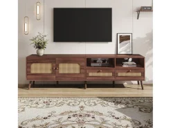 Móvel de TV baixo com 2 portas de rattan, 2 gavetas, compartimentos de arrumação abertos, 200 cm, castanho