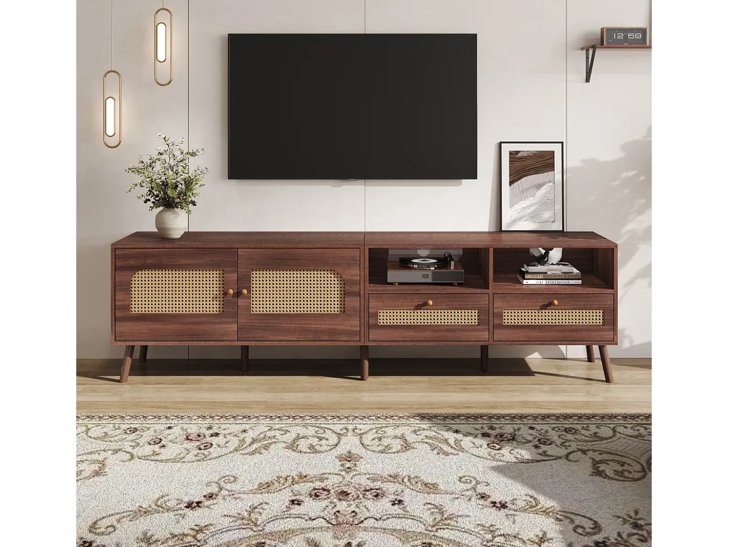 Móvel de TV baixo com 2 portas de rattan, 2 gavetas, compartimentos de arrumação abertos, 200 cm, castanho