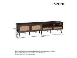 Móvel de TV baixo com 2 portas de rattan, 2 gavetas, compartimentos de arrumação abertos, 200 cm, castanho