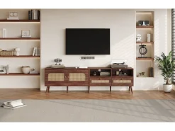 Móvel de TV baixo com 2 portas de rattan, 2 gavetas, compartimentos de arrumação abertos, 200 cm, castanho