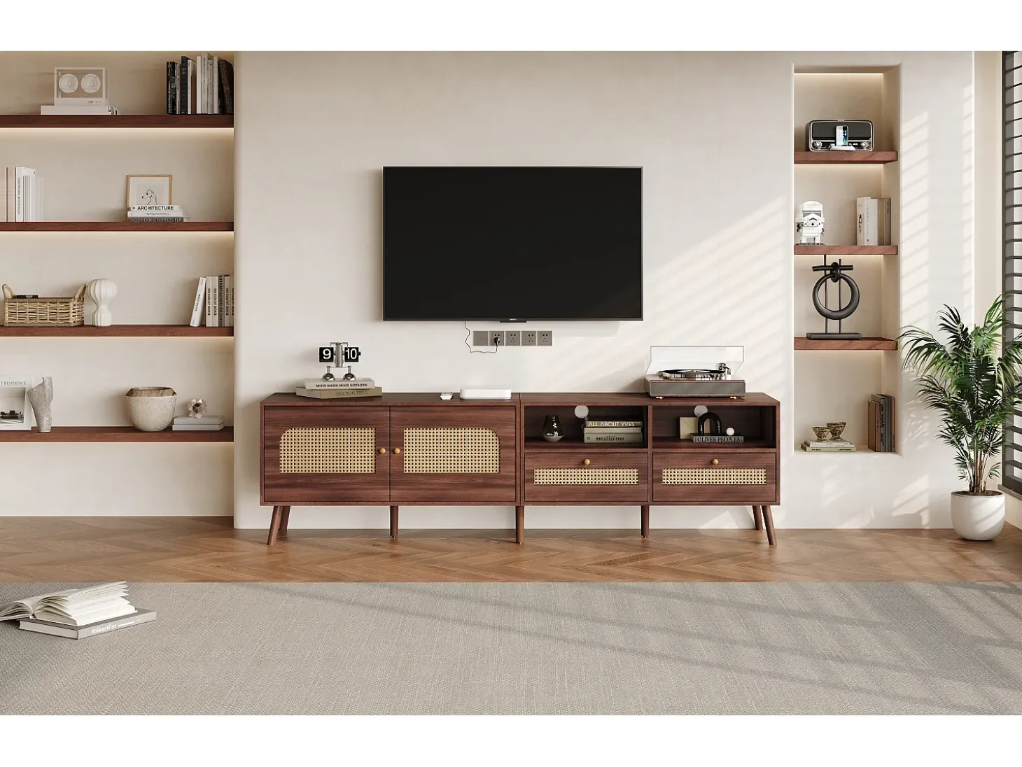 Móvel de TV baixo com 2 portas de rattan, 2 gavetas, compartimentos de arrumação abertos, 200 cm, castanho