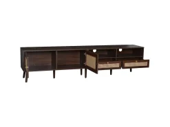 Móvel de TV baixo com 2 portas de rattan, 2 gavetas, compartimentos de arrumação abertos, 200 cm, castanho