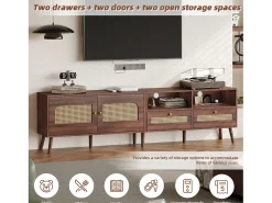 Móvel de TV baixo com 2 portas de rattan, 2 gavetas, compartimentos de arrumação abertos, 200 cm, castanho