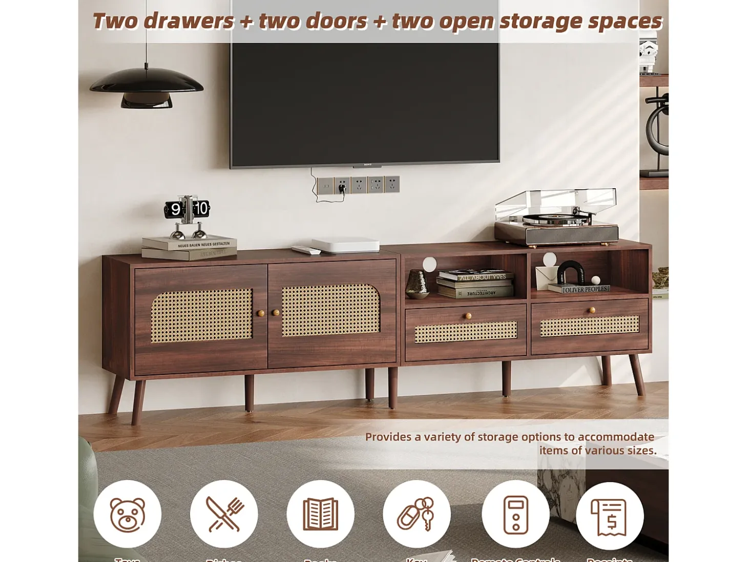 Móvel de TV baixo com 2 portas de rattan, 2 gavetas, compartimentos de arrumação abertos, 200 cm, castanho