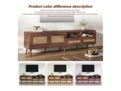 Móvel de TV baixo com 2 portas de rattan, 2 gavetas, compartimentos de arrumação abertos, 200 cm, castanho