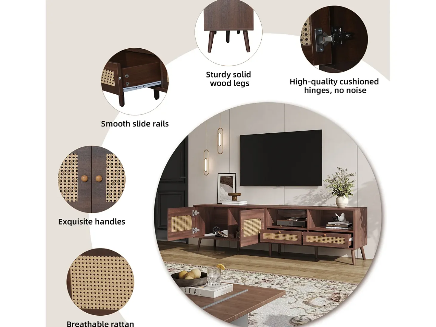 Móvel de TV baixo com 2 portas de rattan, 2 gavetas, compartimentos de arrumação abertos, 200 cm, castanho