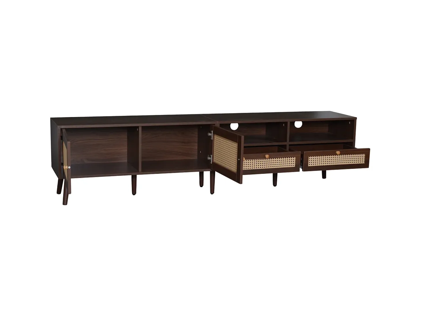 Móvel de TV baixo com 2 portas de rattan, 2 gavetas, compartimentos de arrumação abertos, 200 cm, castanho