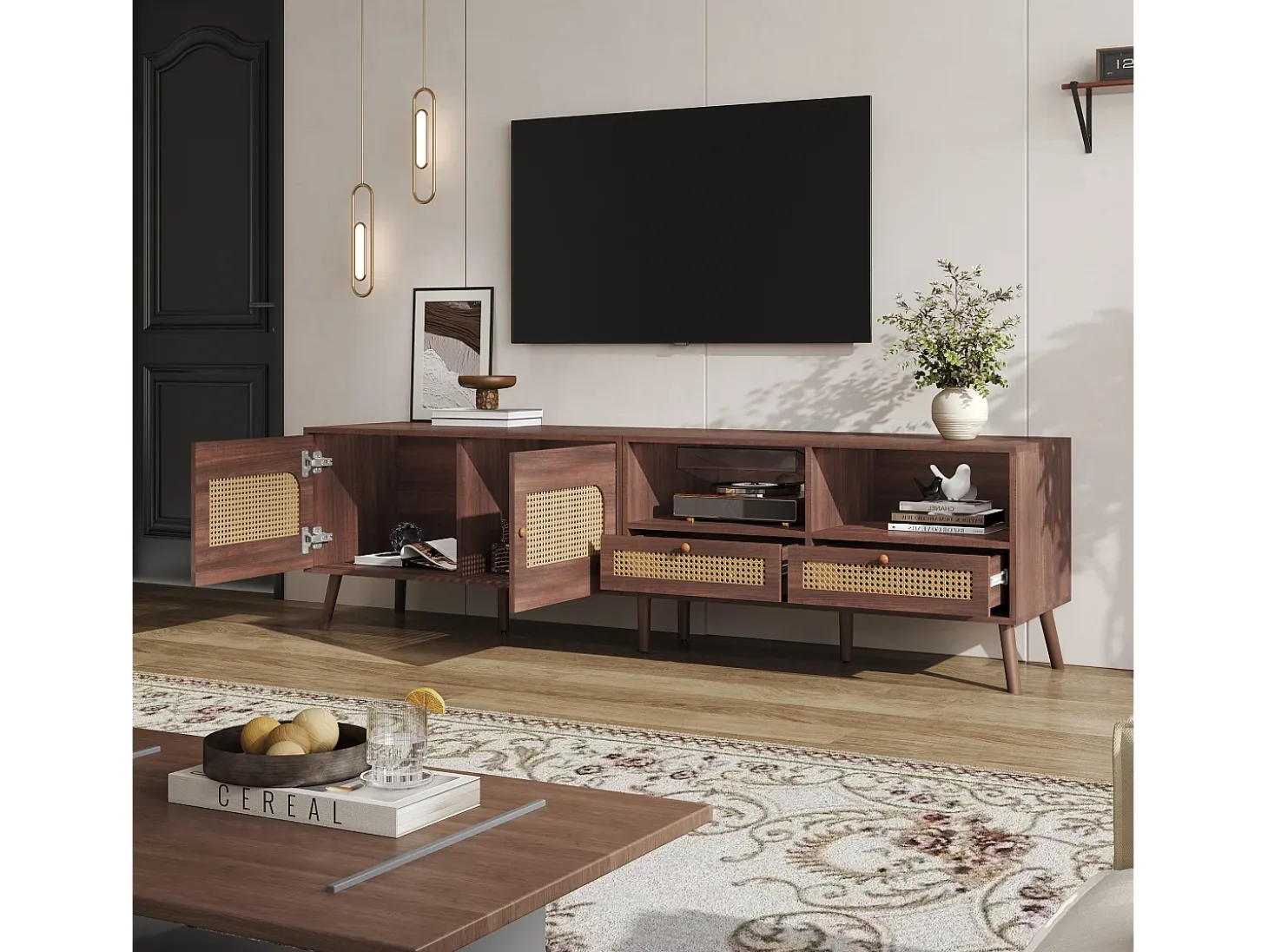 Móvel de TV baixo com 2 portas de rattan, 2 gavetas, compartimentos de arrumação abertos, 200 cm, castanho