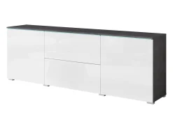 Móvel de TV baixo moderno 180 cm – armário alto para TV com gavetas e prateleiras, corpo antracite matera, frentes branco brilho