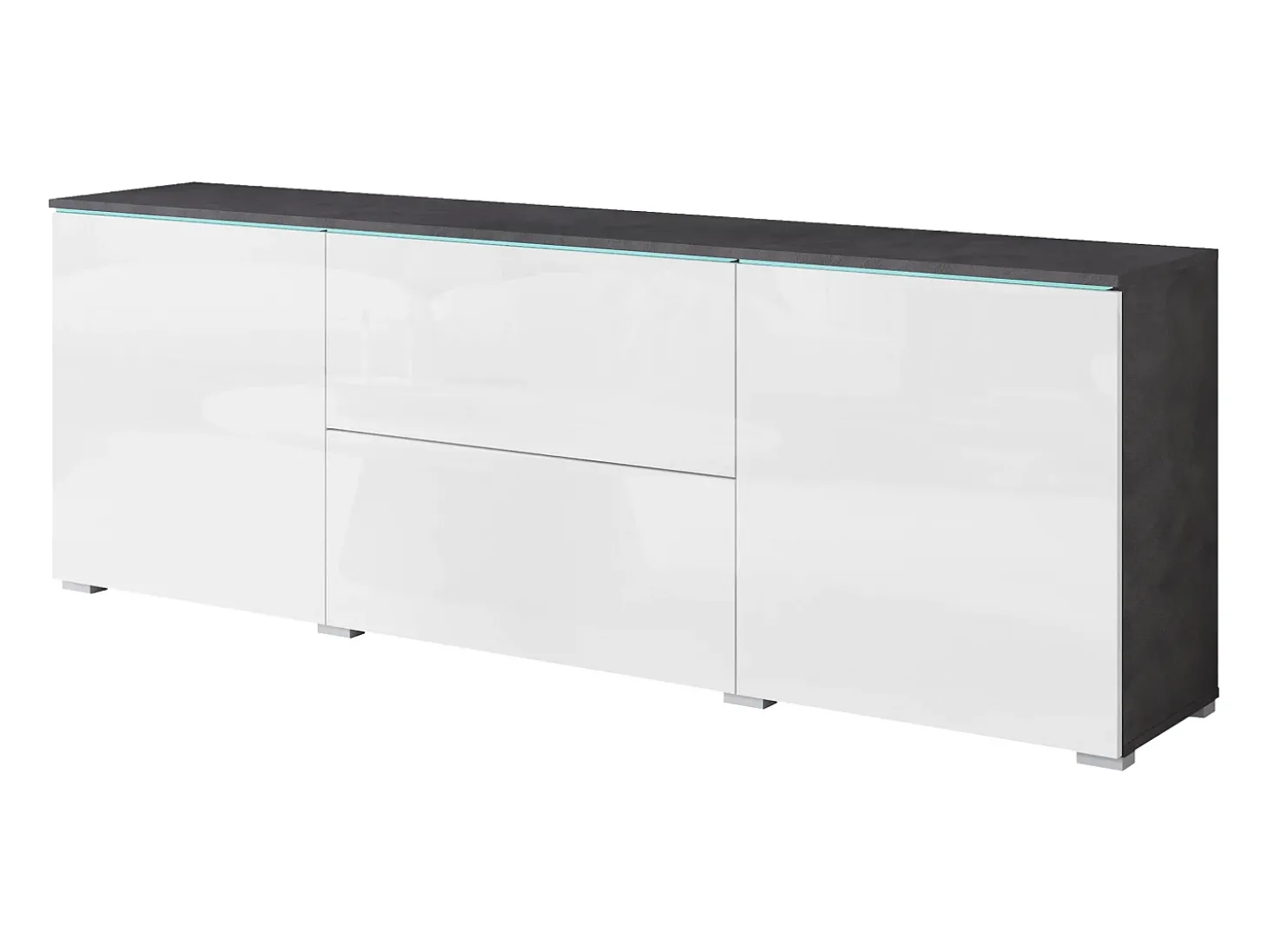 Móvel de TV baixo moderno 180 cm – armário alto para TV com gavetas e prateleiras, corpo antracite matera, frentes branco brilho