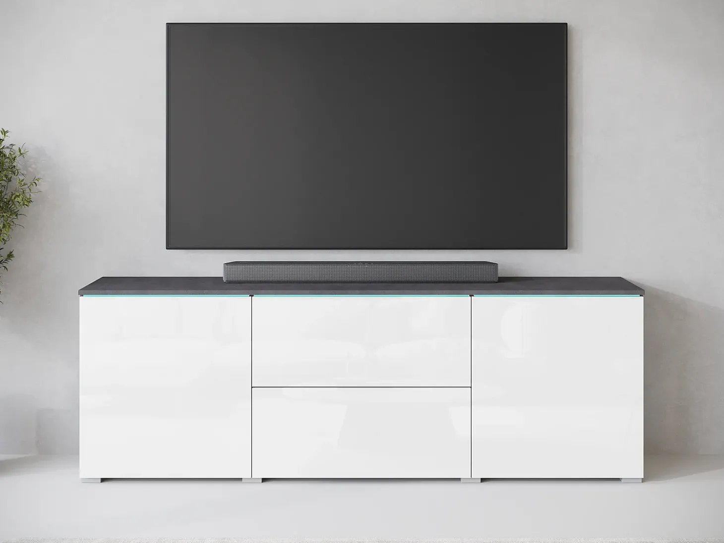 Móvel de TV baixo moderno 180 cm – armário alto para TV com gavetas e prateleiras, corpo antracite matera, frentes branco brilho