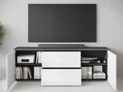 Móvel de TV baixo moderno 180 cm – armário alto para TV com gavetas e prateleiras, corpo antracite matera, frentes branco brilho