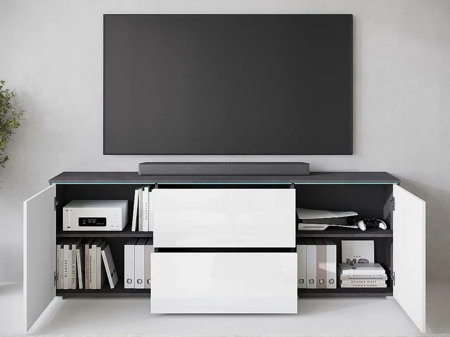Móvel de TV baixo moderno 180 cm – armário alto para TV com gavetas e prateleiras, corpo antracite matera, frentes branco brilho