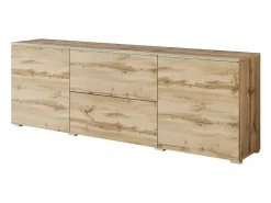 Móvel de TV baixo moderno 180 cm – armário alto para TV com gavetas e prateleiras, carvalho wotan mate