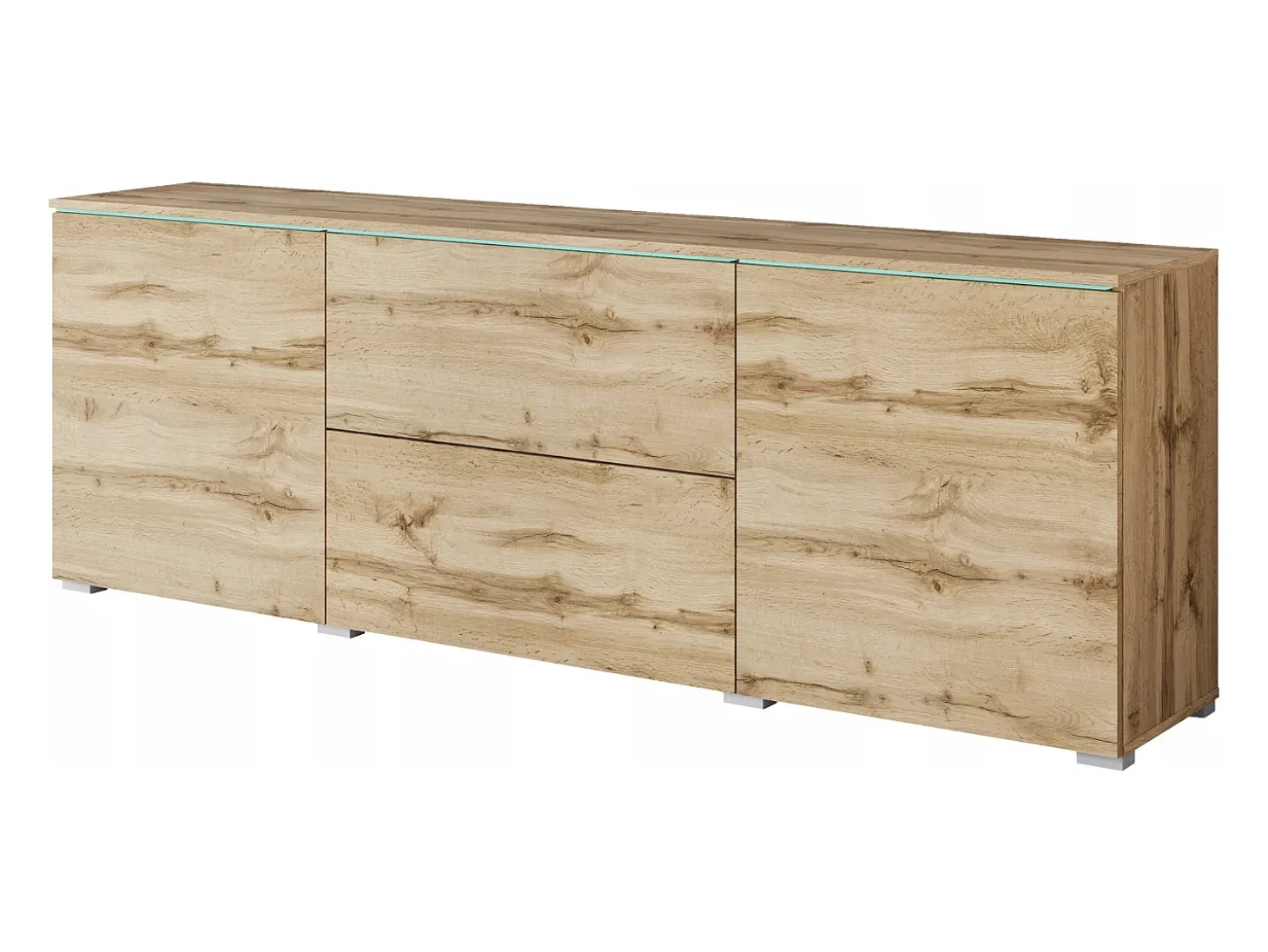 Móvel de TV baixo moderno 180 cm – armário alto para TV com gavetas e prateleiras, carvalho wotan mate