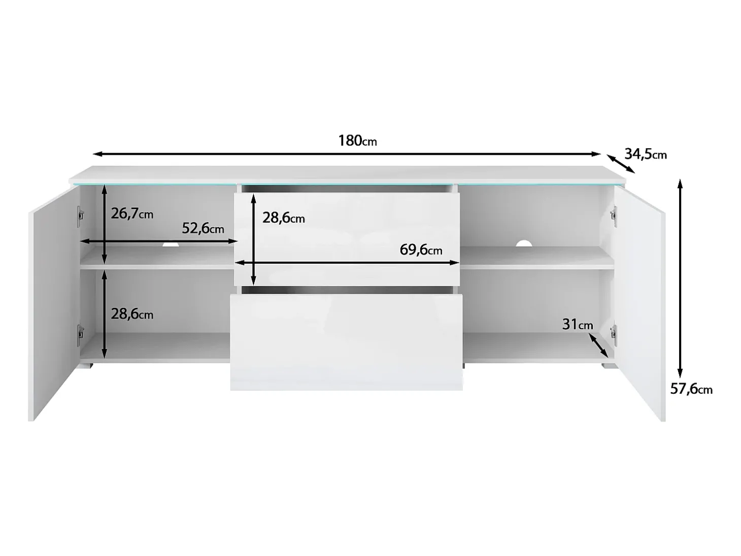 Móvel de TV baixo moderno 180 cm – armário alto para TV com gavetas e prateleiras, carvalho wotan mate