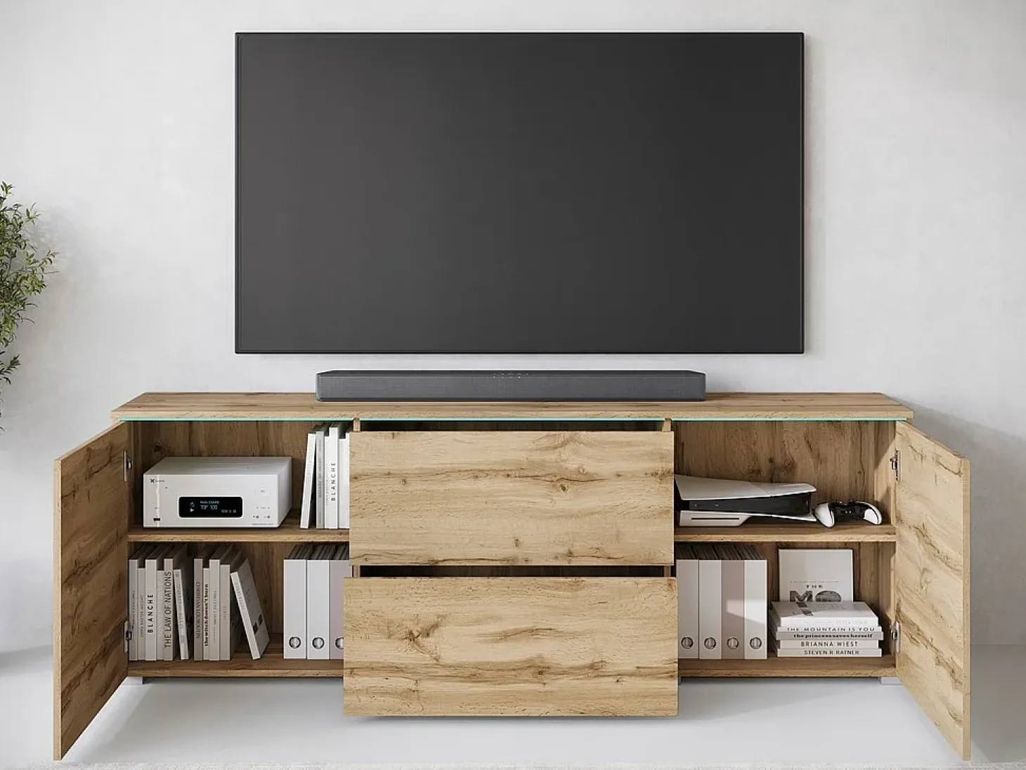 Móvel de TV baixo moderno 180 cm – armário alto para TV com gavetas e prateleiras, carvalho wotan mate