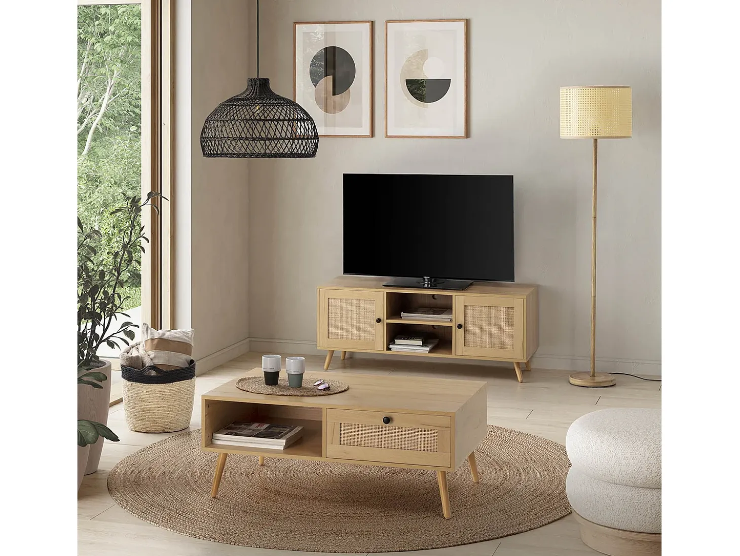 Móvel de TV Bella 2 Portas Cor Carvalho com vime Natural