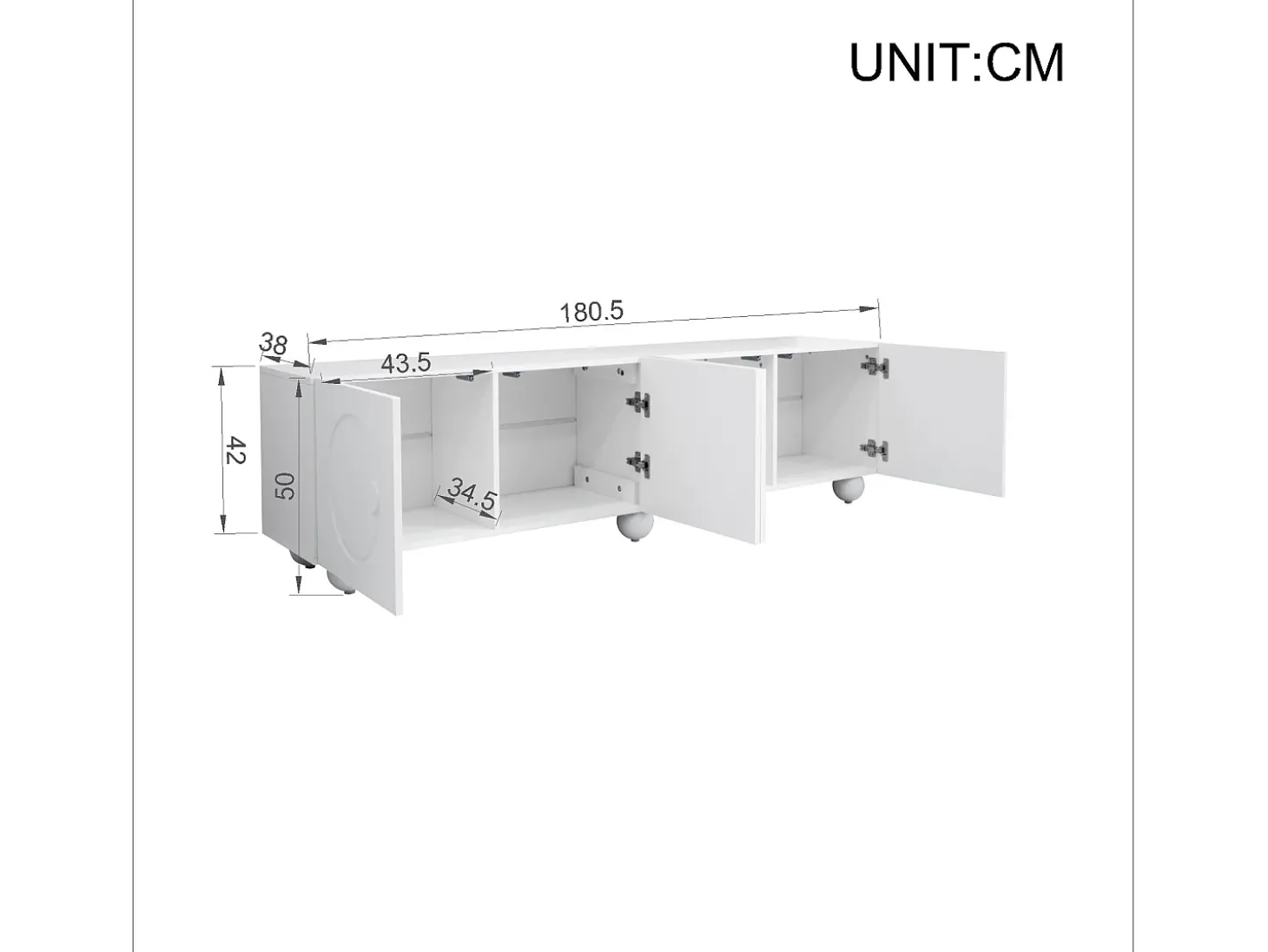 Móvel de TV branco com 4 portas - Pés redondos - MDF e madeira PB
