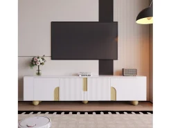 Móvel de TV branco com 4 portas - Tampo com efeito mármore - Pés esféricos em madeira