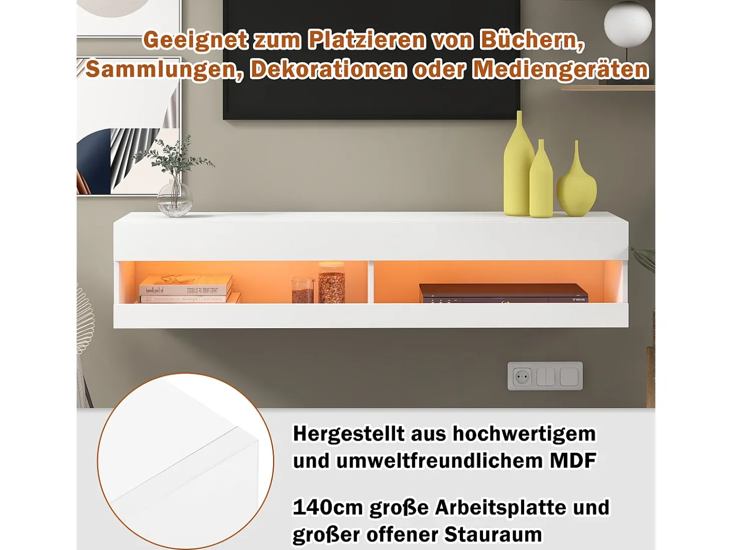 Móvel de TV branco para parede com espaço de arrumação e iluminação LED - Acabamento brilhante