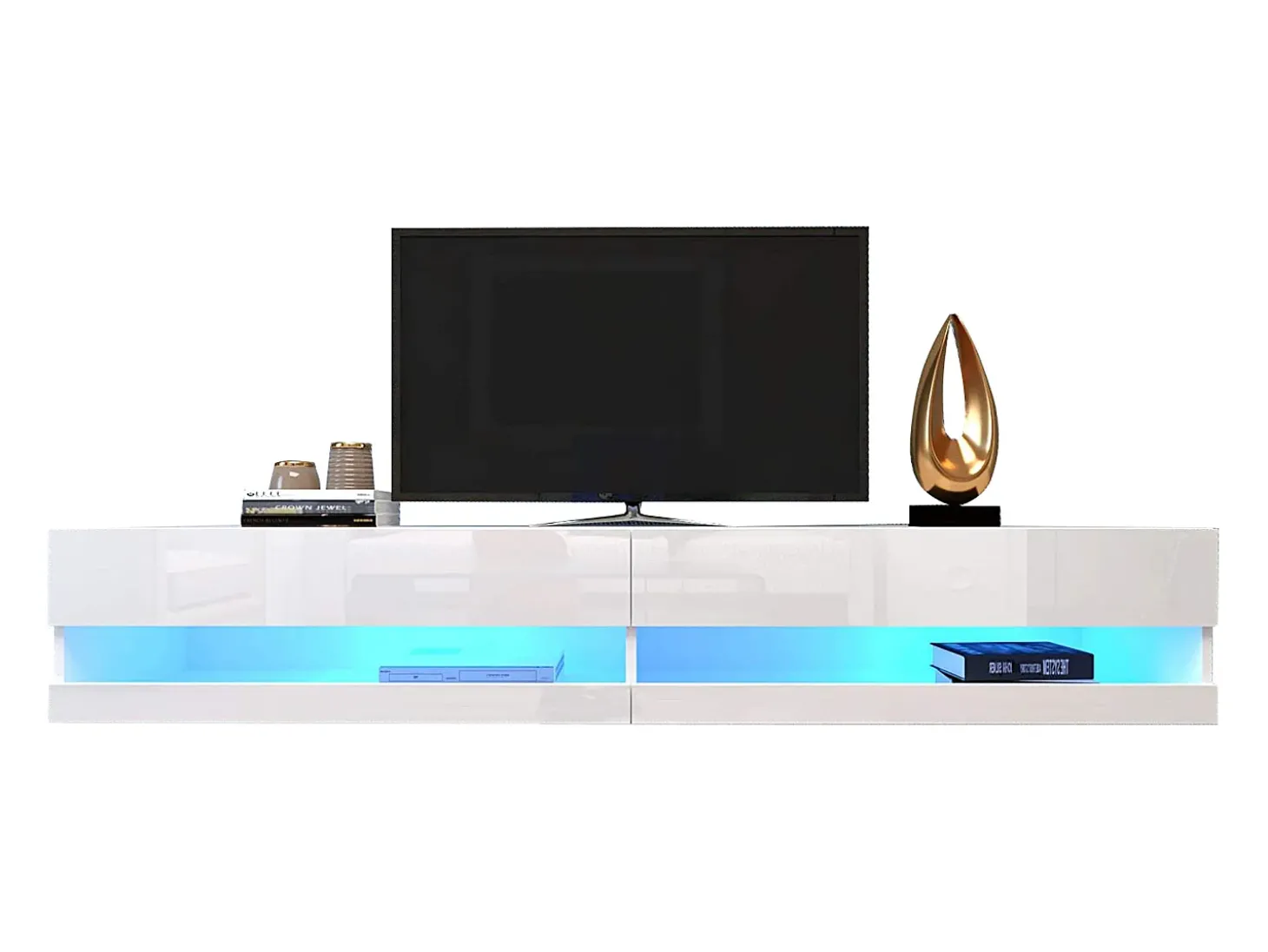 Móvel de TV branco para parede com espaço de arrumação e iluminação LED - Acabamento brilhante
