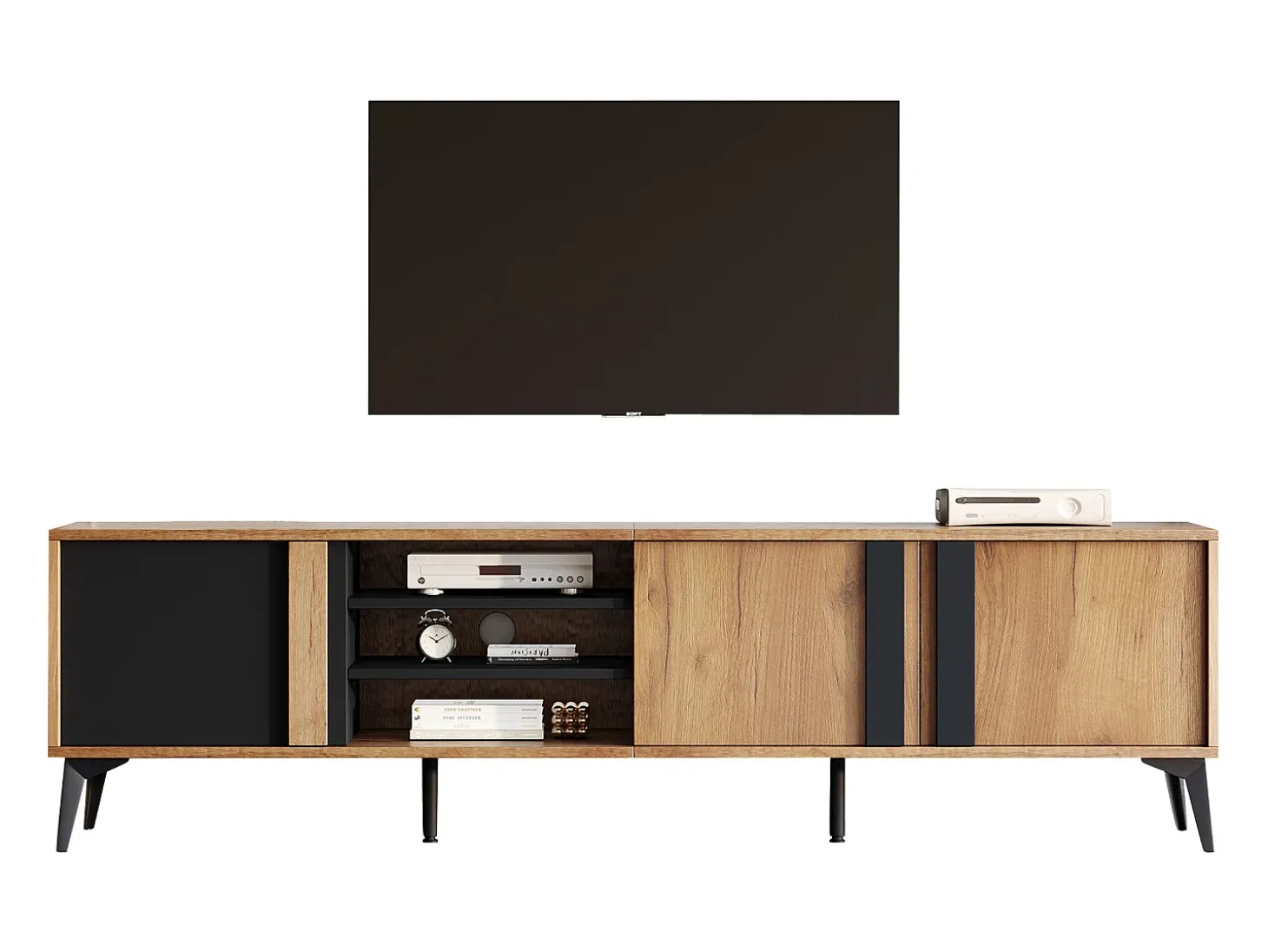 Móvel de TV castanho com 3 portas e arrumação aberta, 180x40x50 cm