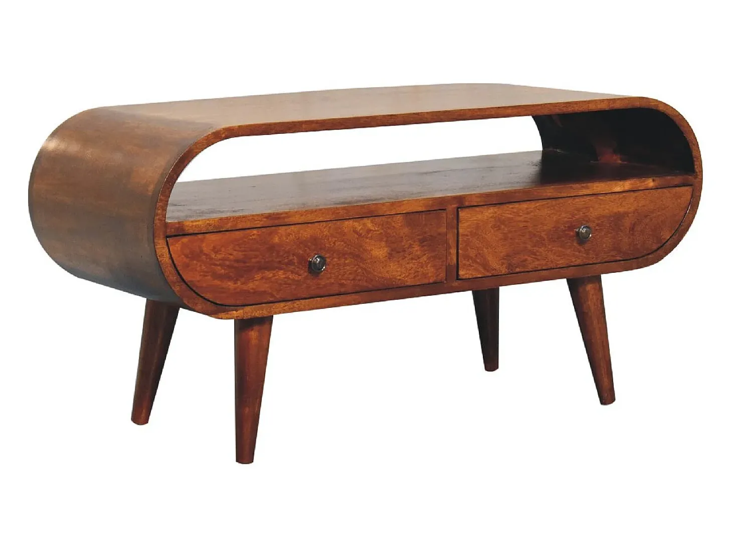 Móvel de TV circular Artisan Furniture em castanheiro, 2 gavetas, 1 prateleira aberta, castanho
