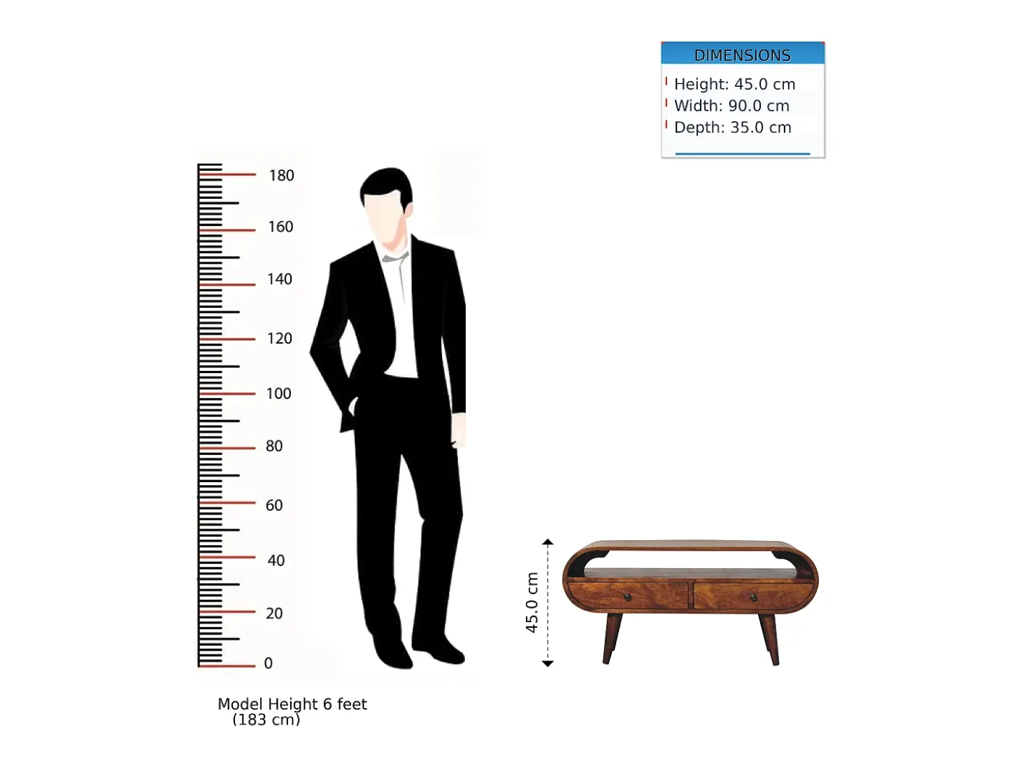Móvel de TV circular Artisan Furniture em castanheiro, 2 gavetas, 1 prateleira aberta, castanho