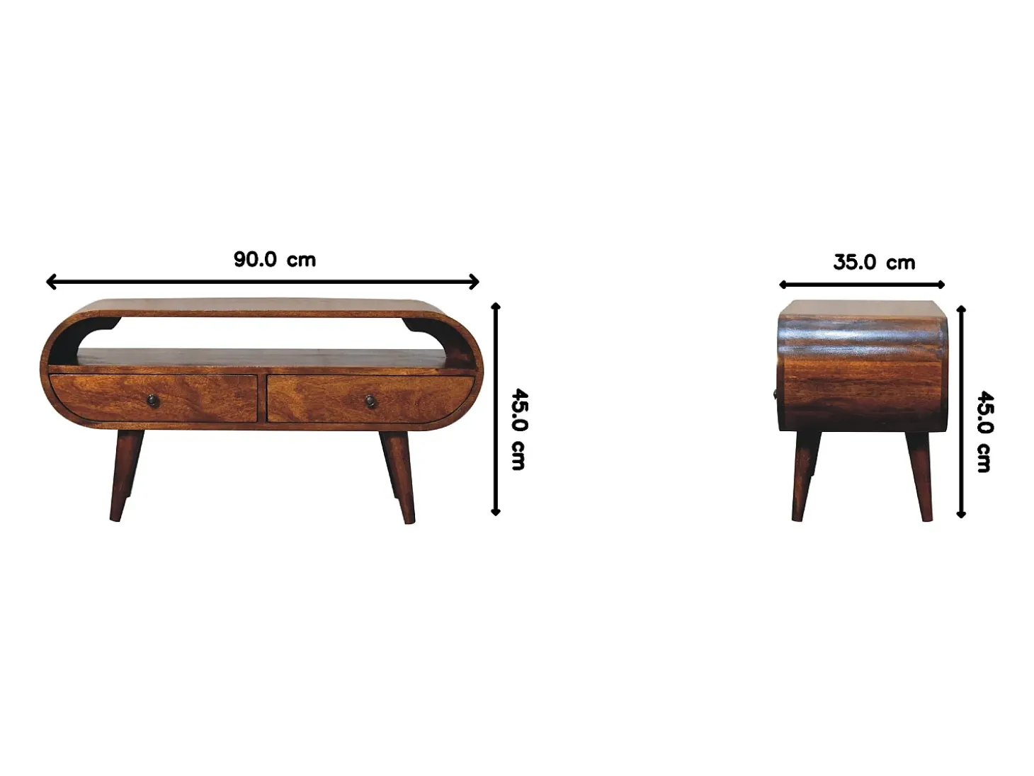 Móvel de TV circular Artisan Furniture em castanheiro, 2 gavetas, 1 prateleira aberta, castanho